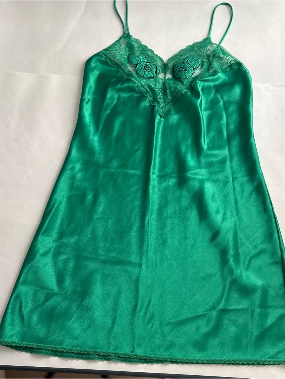 Vintage Val Mode Lingerie Emerald Green Satin Lace Slip Dress